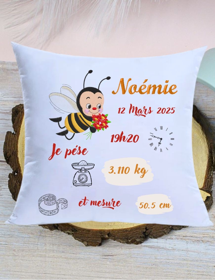 Coussin et taie d'oreiller bébé Personnalisé - Cadeau Unique ABEILLE