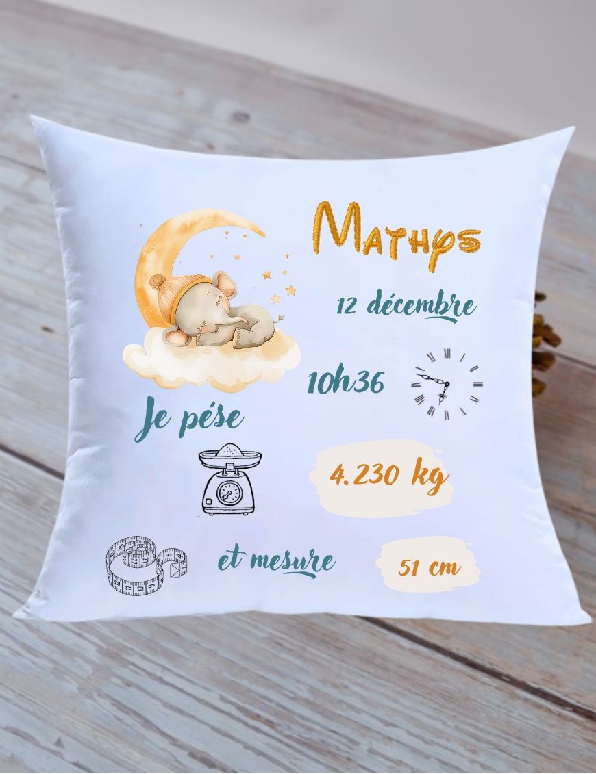 Coussin et taie d'oreiller bébé Personnalisé - Cadeau Unique ELEPHANTY