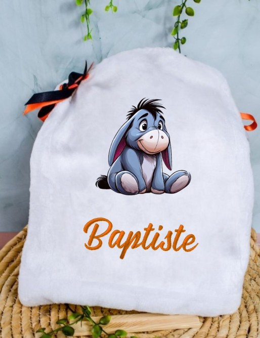 Doudou personnalisé BOURRIQUET avec prénom brodé. Fait main, tout doux et unique.