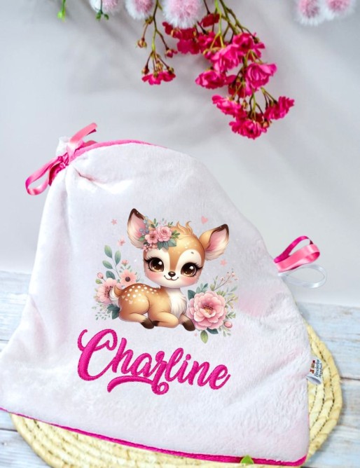 Doudou personnalisé FAON ROSES avec prénom brodé. Fait main, tout doux et unique.