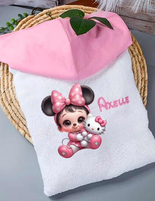 Peignoir avec capuche pour enfant personnalisé imprimé et prénom en broderie. Eponge 450 g/m² 100 % Coton.