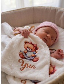 Doudou plat personnalisé bébé avec prénom – Ourson biberon