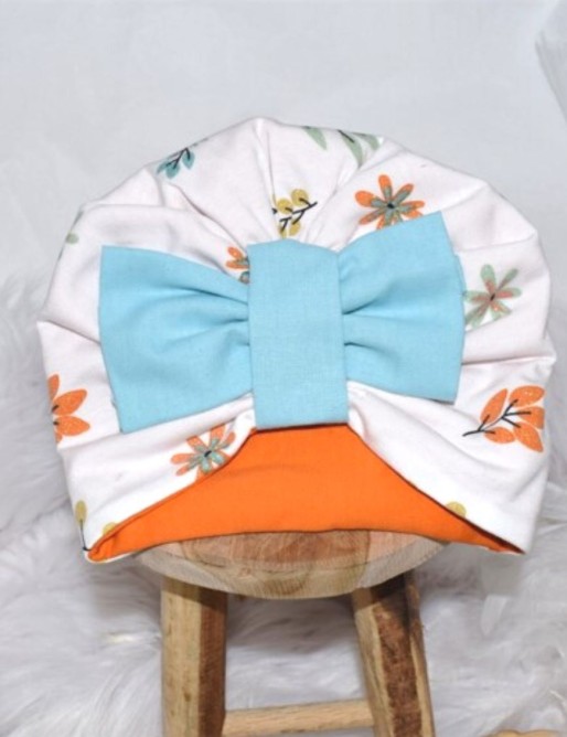 Bonnet turban bébé FLEURS ET TURQUOISE