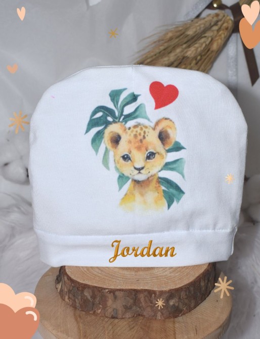 Bonnet bébé personnalisé LION FEUILLAGE